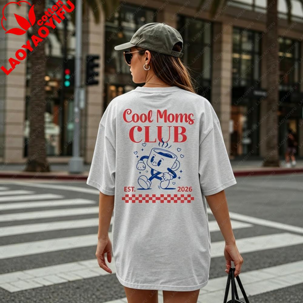 Cool Moms Club Est 2026 Graphic Shirt Retro Cartoon Coffee Print Tee Coffee Lover Gift Tops New Mom 2026 Casual Daily Outfit