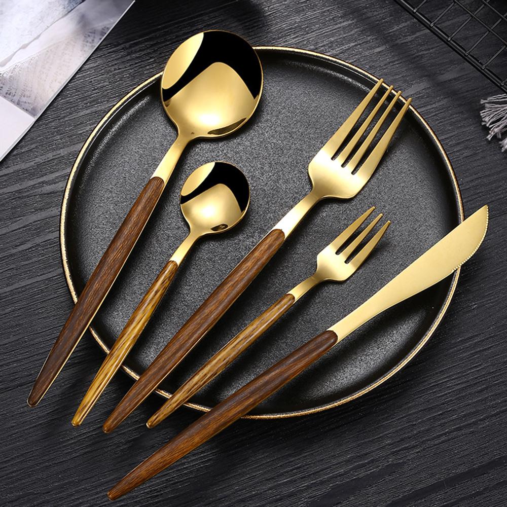 20-Piece Silverware Set with Cake Fork, Stainless Steel Flatware Cutlery Set for 4, Tableware Eating Utensils Set with Wooden effect Handle