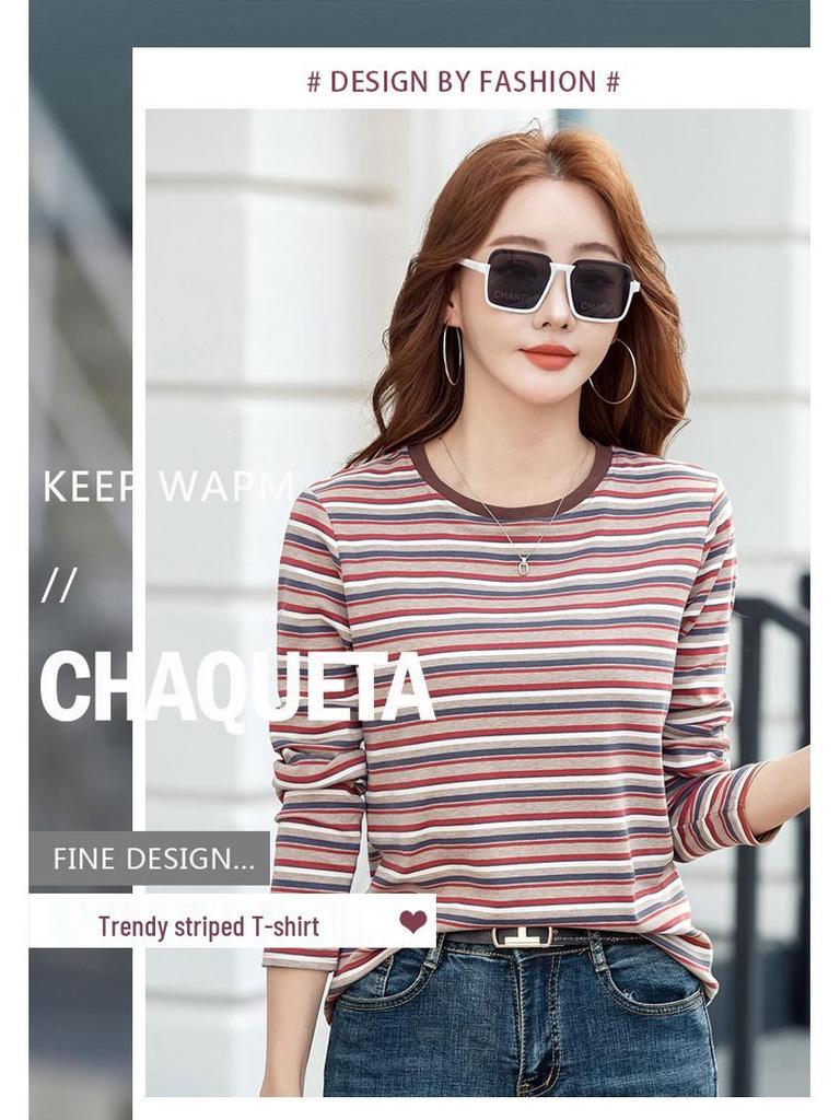 Women's Striped Round Neck Long Sleeve T-Shirt - Casual Loose Fit, Perfect for Spring and Autumn, Korean and Japanese Style.