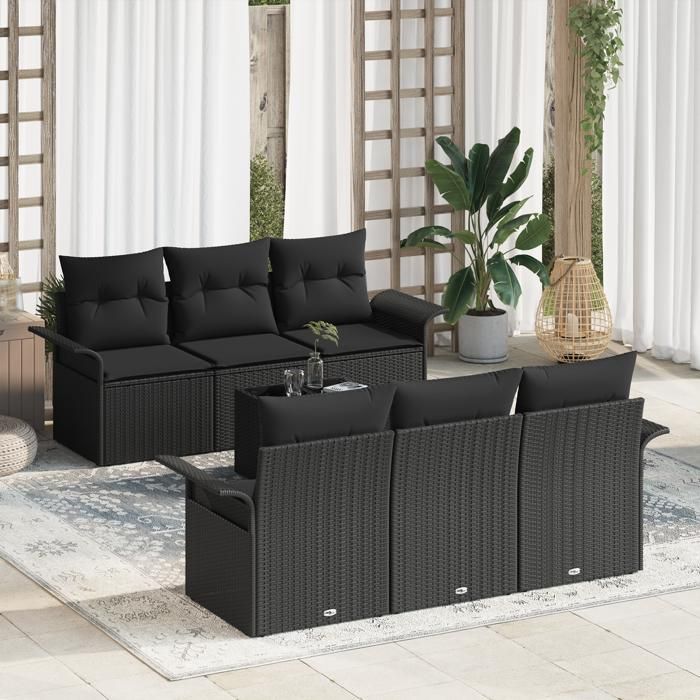 VidaXL Ensemble de canapé de jardin 7 pièces avec coussins noir en poly rotin 3345253