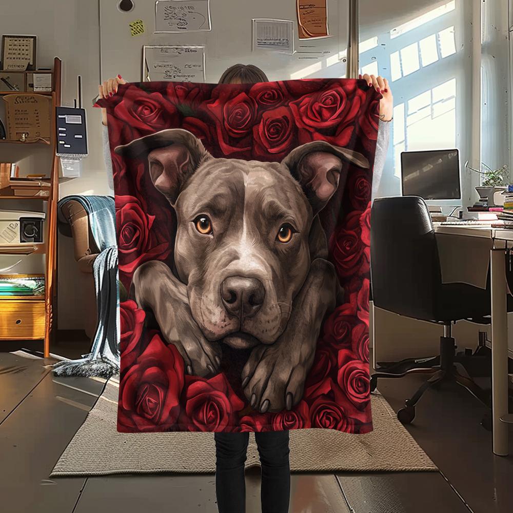 Pitbull and roses,pattern Flannel Blanket, High quality Comfortable for All Seasons, Home Decor, Warmth and Comfort, Perfect for Gifts.