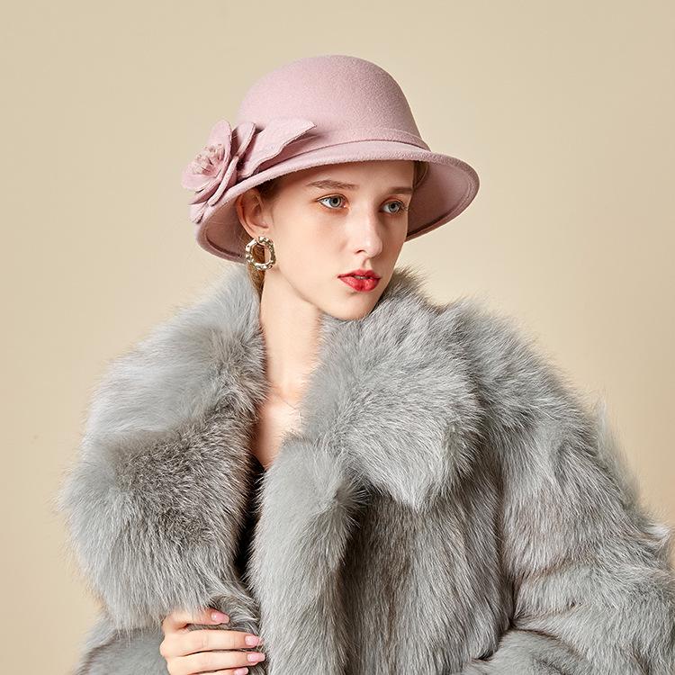Шляпа Женская Осень Зима Британская Шерстяная Вязаная Шляпа Модная Цветочная Шляпа-Ведро Теплая Фетровая Шляпа-Цилиндр