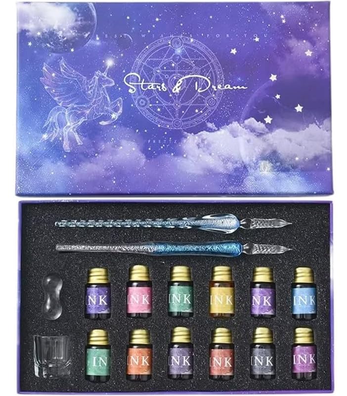 Ducale Glass Pen Set with 12 Ink 2 Pens Fountain Box Starry Sky Rainbow Light Blue Colors, (Sign Pen, Pen), Included, Gradient, (GRS-LBL-SET)