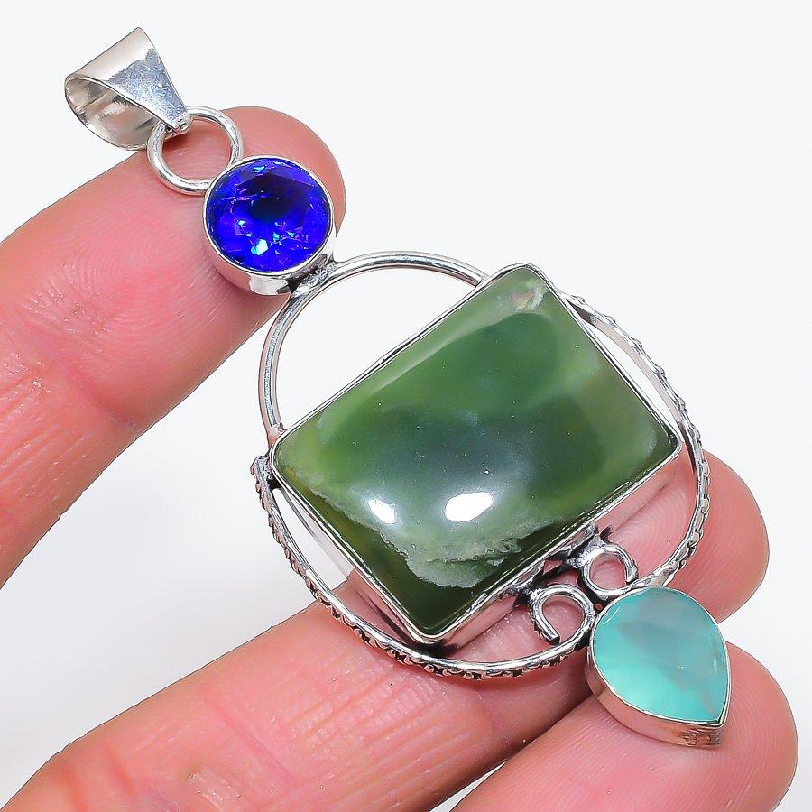 Нефрит, голубой топаз, кулон ручной работы из стерлингового серебра 925 пробы 2,99 дюйма t4Z67