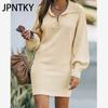 JPNTKY Women's Fashion Casual Solid Color Print Autumn Winter Long Sleeve V-Neck Loose Sweaters Dress
