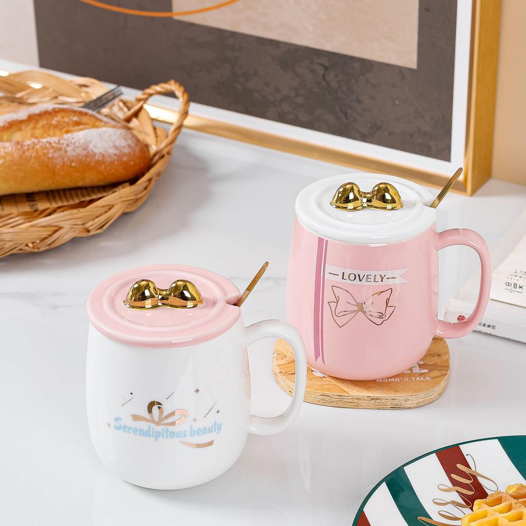 Керамическая чашка с розовой крышкой и бантом в виде сердца для девочек, офисный набор из керамической чашки и ложки, симпатичная кружка