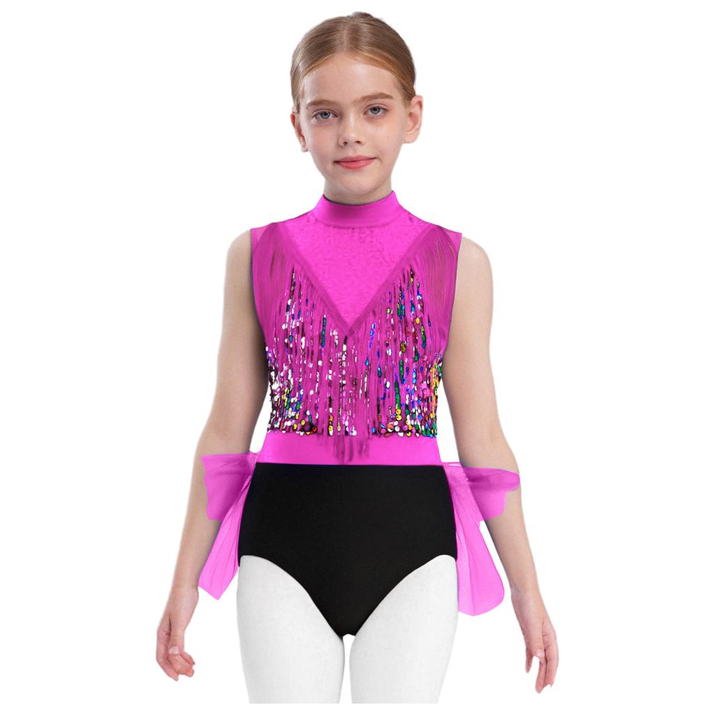 Girls Latin Dance Dress Sleeveless Cutout Back Tassels Shiny Sequins Color Block Performance Costume