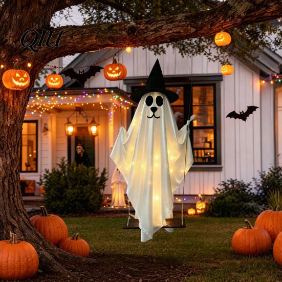 Reusable Halloween Party Decorations Hanging Ghost for Outdoor Decoration, Cute Flying Satin White Festive Atmosphere Decoration Home, Tree,
