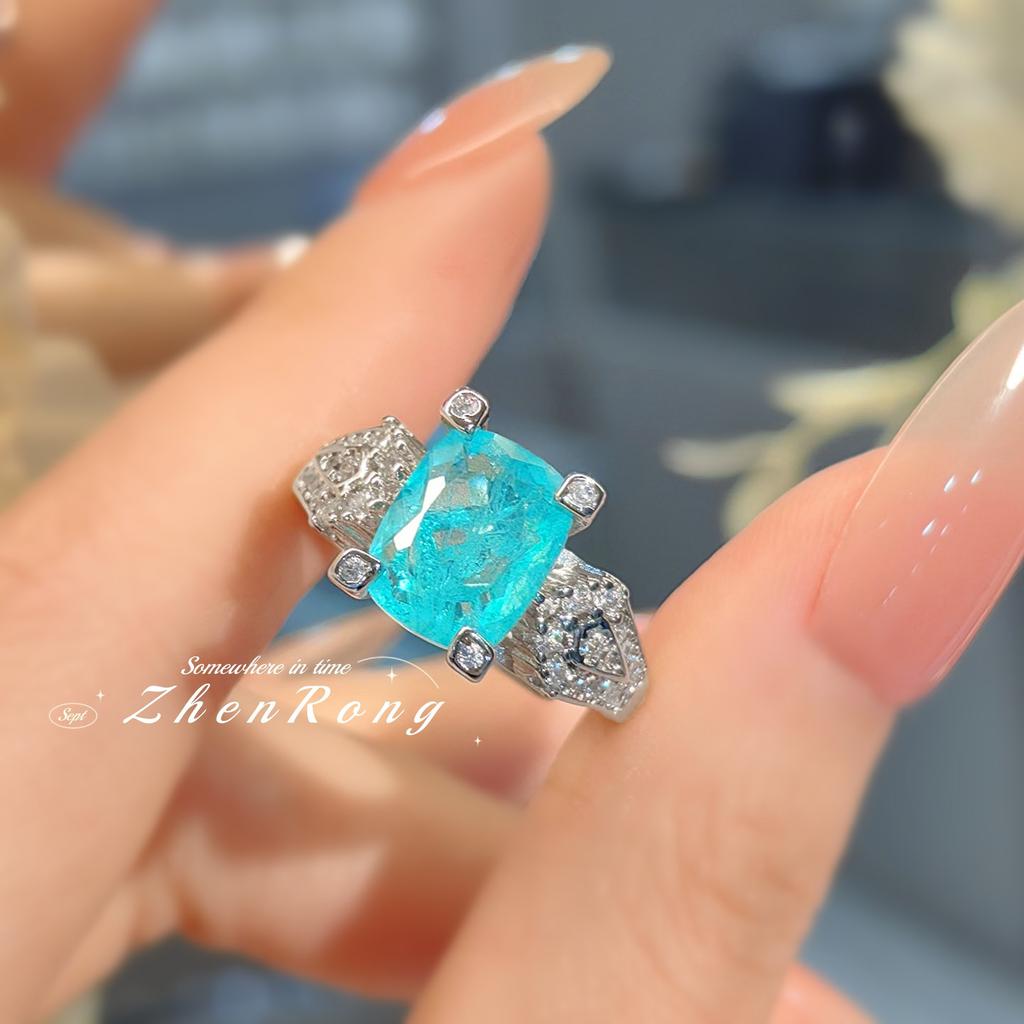 Fashion Temperament with Cotton Paraiba Tourmaline Ring Niche Design Pillow Square High Carbon Diamond Colored Treasure Open Ring Women