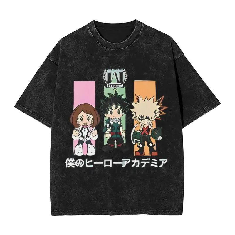 Cartoon My Hero Academia T-shirt Men Women Clothing Vintage Washed Oversized T Shirt Summer Short Sleeve 100% Polyester Tees Tops