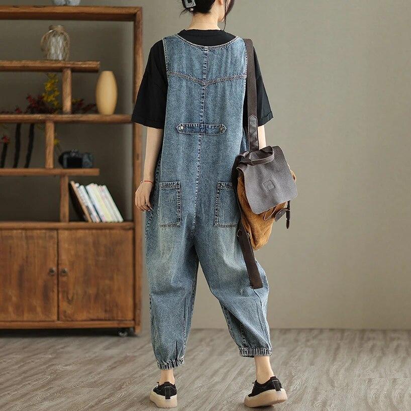 Женские комбинезоны Весенние однотонные высококачественные джинсы Винтажные повседневные свободные многокарманные комбинезоны Джинсовые брюки