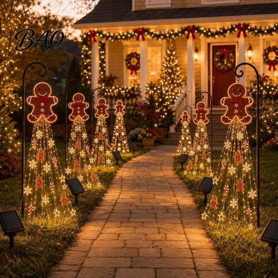 Christmas Decorations for Garden Beds Gingerbread Solar Light, Waterproof Outdoor Yard Light with Warm Metal Decor Waterfall LED, Pathway Stake