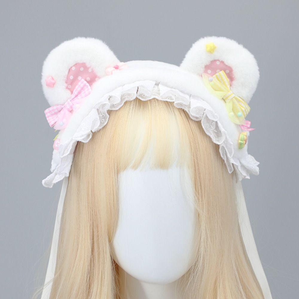 Funny Bow Cat Ears Headband Furry Plush Bear Ear Hair Band Hair Clip Lace Lolita Bandeau Lolita Accessories