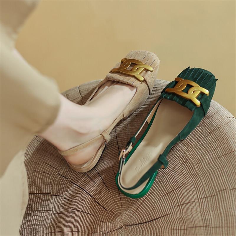 Модные Летние Сандалии Обувь Низкий Каблук Женские Сандалии Модные Металлическая Пряжка Замша Овчины Сандалии Кисточка Женские Туфли-лодочки Женская Обувь Зеленый