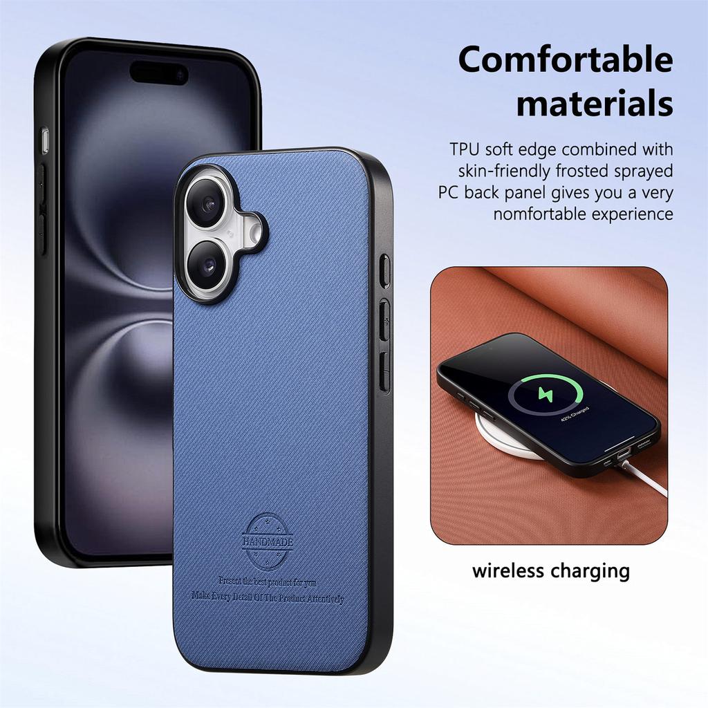 For iPhone 16 Case Cloth Texture Leather+PC+TPU Anti-Drop Phone Cover - Blue