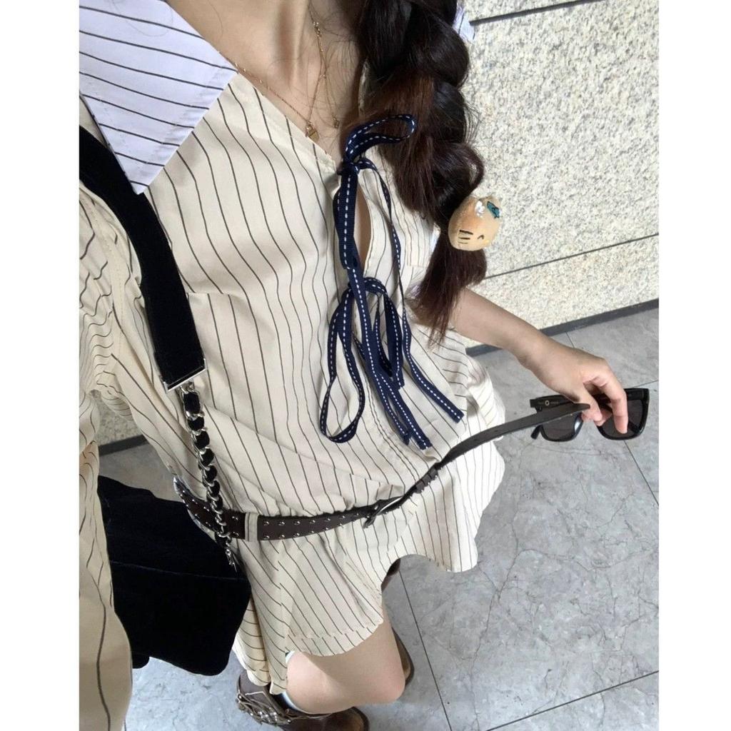 French striped v-neck long-sleeved dress women's autumn and winter small design sense niche vacation style short skirt skirt