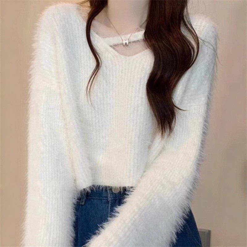 Autumn/Winter Faux Mink Velvet Women's Long Sleeve Knit Sweater - Soft, Loose, Lazy Style