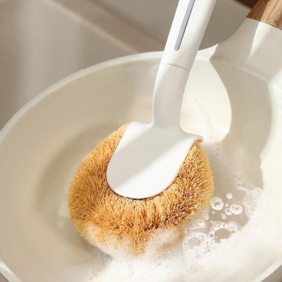 Pot Brush Ergonomic Long Handle Coconut Palm Bristles Cleaning Brush Multifunctional Kitchen Cleaning Tool