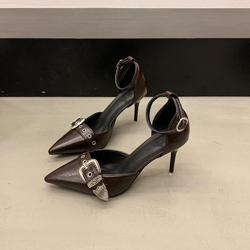 Модные женские босоножки на высоком каблуке, летние, новая мода, металлическая пряжка, туфли-лодочки с острым носком, женские элегантные туфли для вечеринки