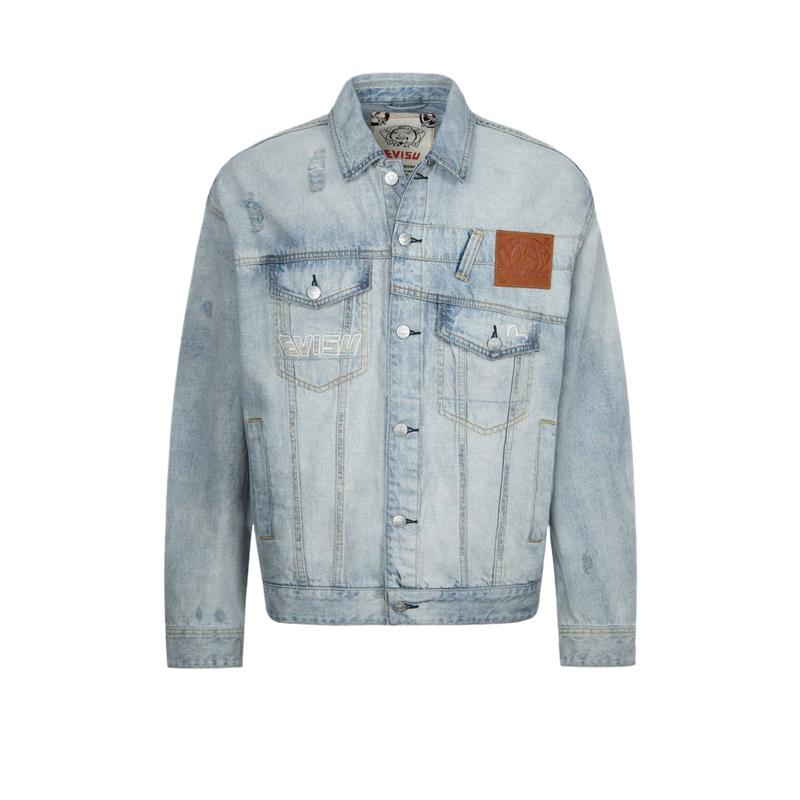 Evisu SS24 Деконструированный Стиль Цветная Чайка Широкая Джинсовая Куртка Мужская Куртка Джинсово-Синий 2ESHTM4DJ1007LFDN