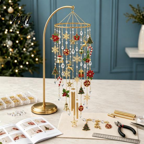 Winter Seasonal Window Hanging Decor DIY Christmas Wind Chime Kit, Faux Crystal Bead Ornament Craft Set Artistic Handmade Gift with Metal Stand,