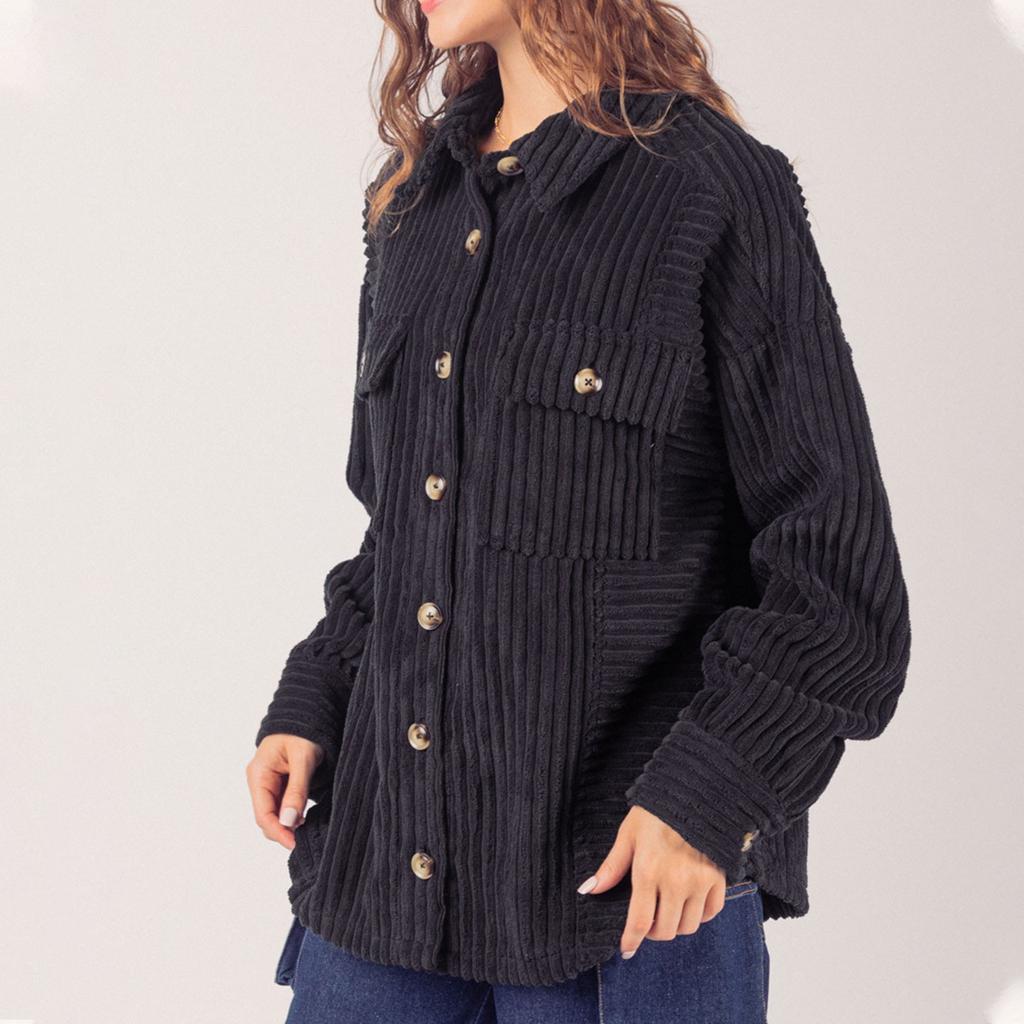 Женская осенне-зимняя однотонная модная полосатая рубашка с большим карманом