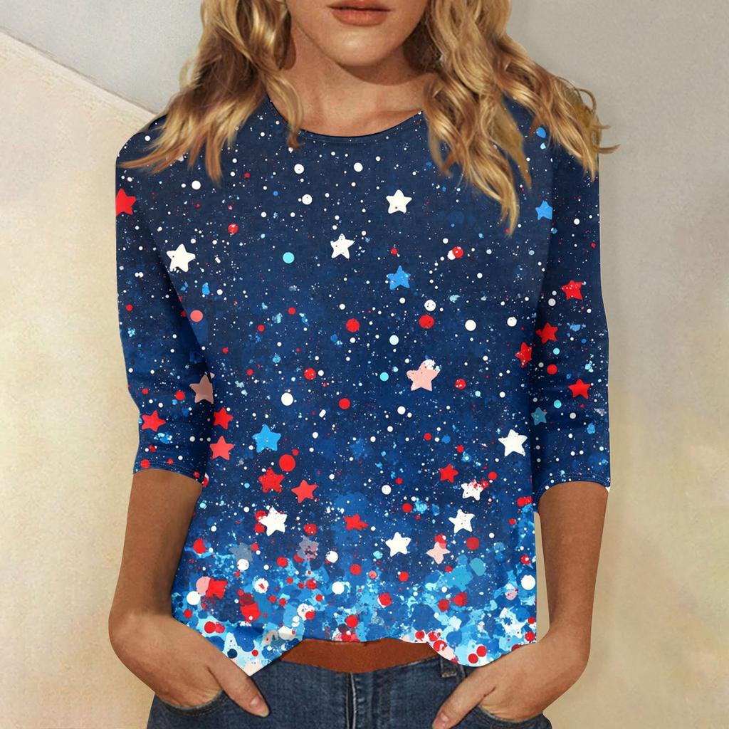 Women's Fashion Casual Seven-Point Sleeve Print Round Neck Top