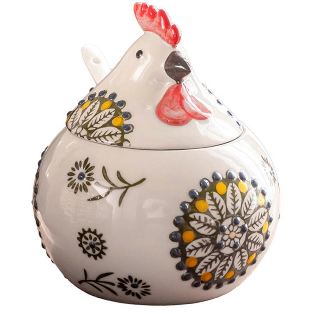 Ceramic Salt Cellar with Lid and Spoon, Large Chicken Salt Jar, Salt Holder for Counter, Coffee, Sugar, Spices and Candies, Salt Containers