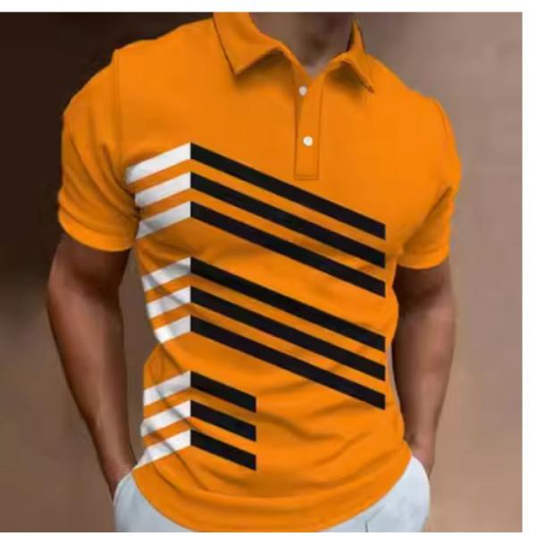 Мужская модная рубашка поло с коротким рукавом и лацканами с 3D-цифровой печатью, полосатая рубашка поло