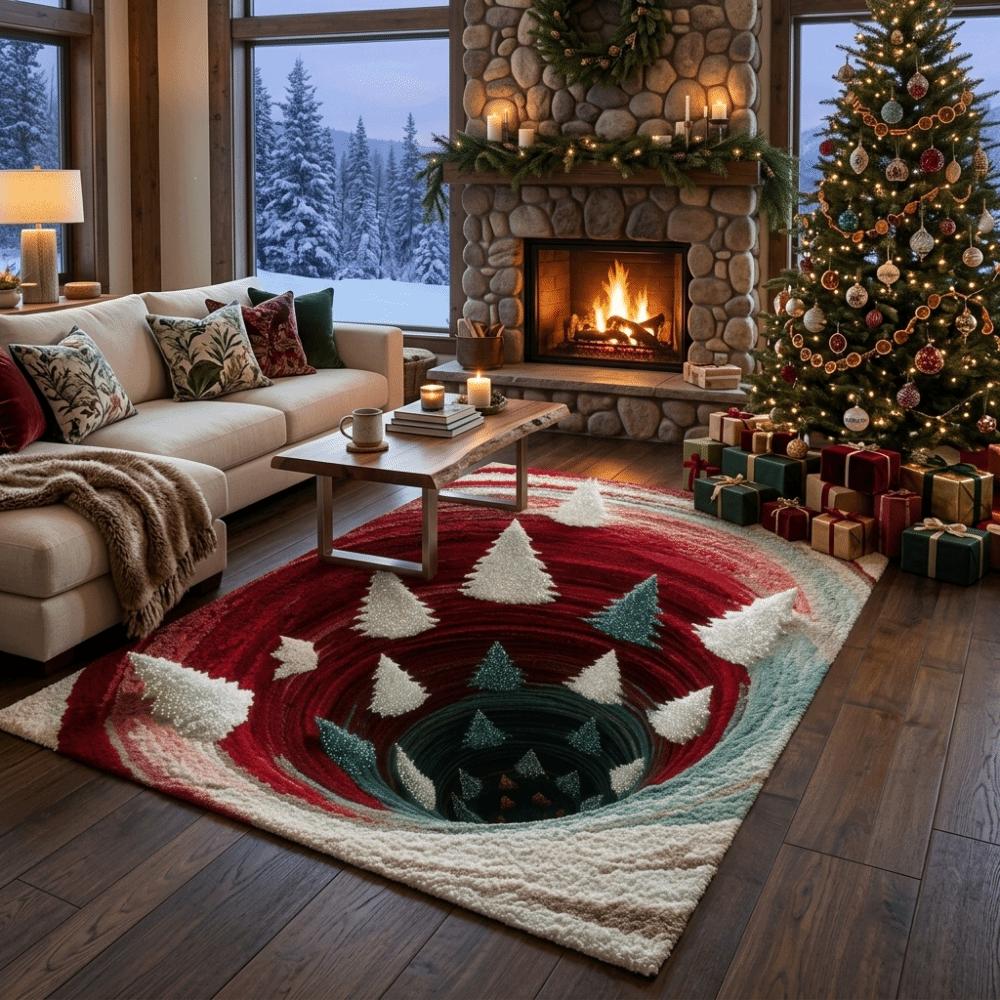 Santa Claus Christmas 3D Illusion Rug 2D Flat Printed Xmas Rug Christmas Small Carpet Christmas