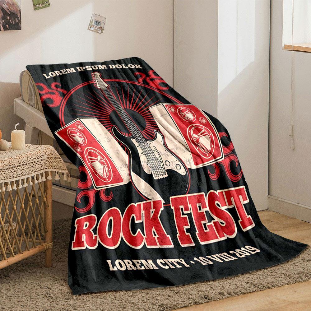 A central guitar with speakers, flame motifs, and bold red-black tones. for all seasons blanket lunch break throw gift