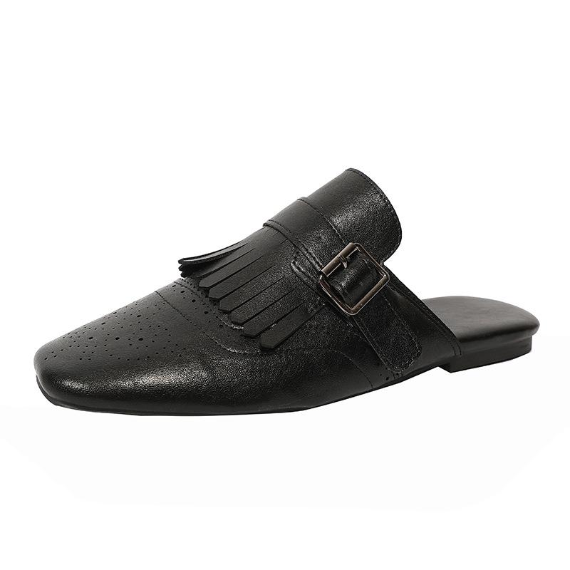 Модные металлические пряжки с кисточками женские плоские шлепанцы 2025 лето мюли высокое качество модные мягкие с круглым носком повседневные элегантные женские сандалии