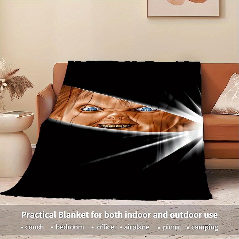 For Chucky,Horror,Doll-Themed Flannel Blanket, Glam Style, Digital Print, All-Season Comfort, Tear-Resistant, Knitted Craftsmanship, Polyest