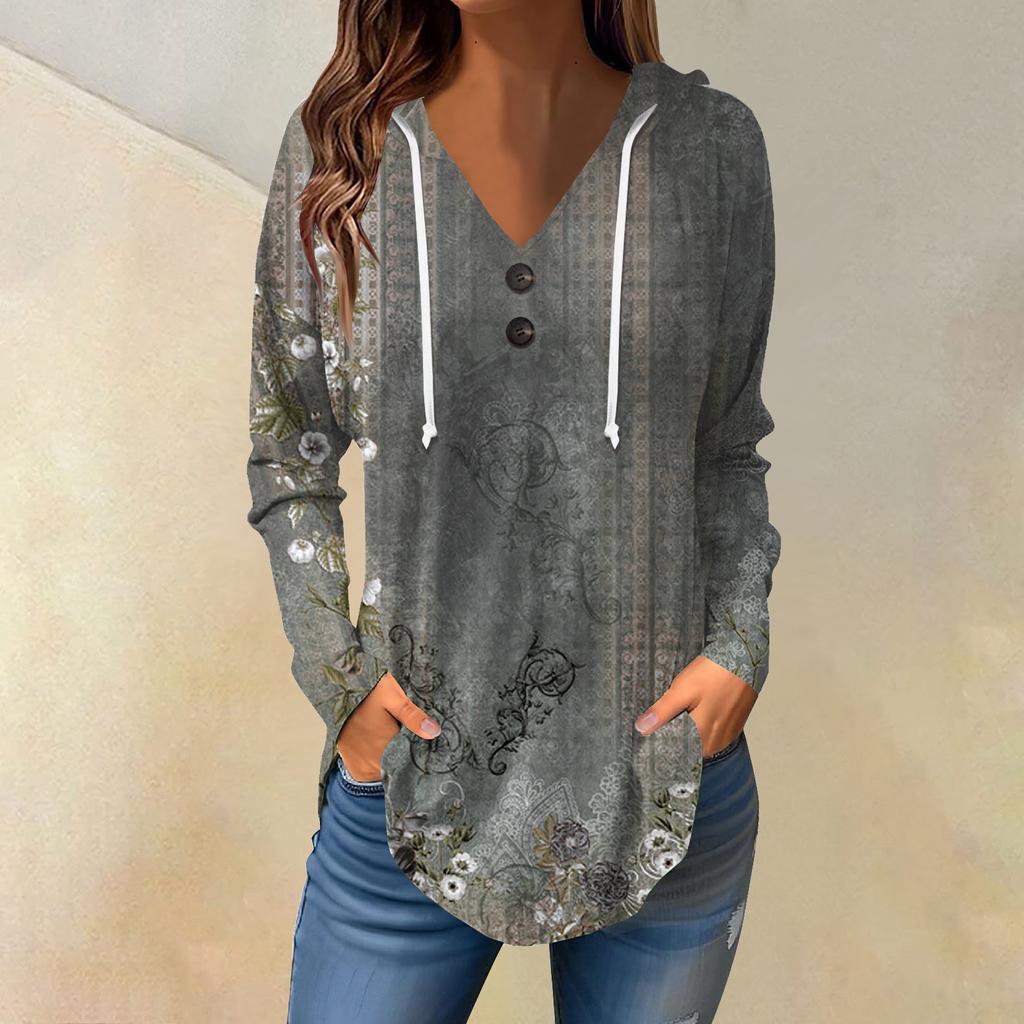 Женские повседневные модные однотонные толстовки с капюшоном на пуговицах и длинными рукавами с V-образным вырезом