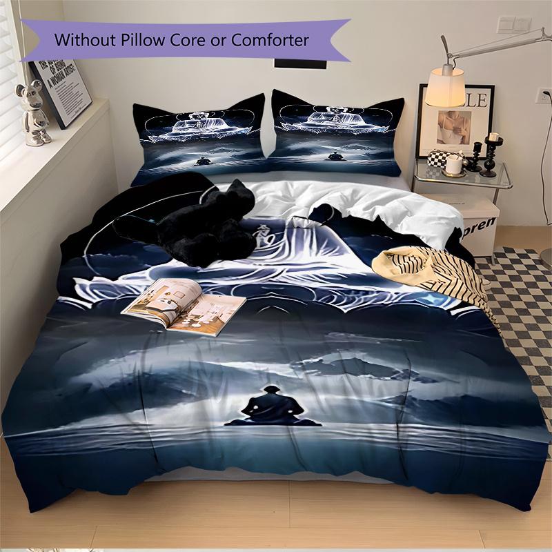 3pcs Buddha Statue Comforter Set with One Quilt Cover and Two Pillowcases (No Core) - Anime Cartoon Design, Perfect for Bedroom and Guest Room Decorat