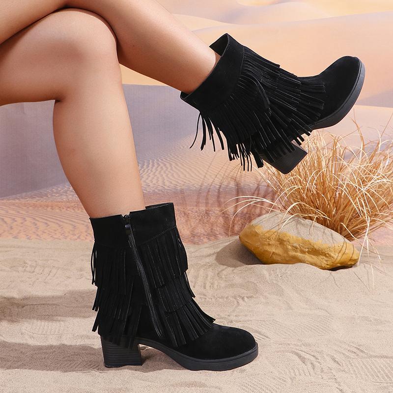 Женские дизайнерские ковбойские сапоги с кисточками, модные толстые каблуки с молнией сбоку, женские ботильоны из искусственной замши в стиле ретро, вестерн-ботасы Mujer