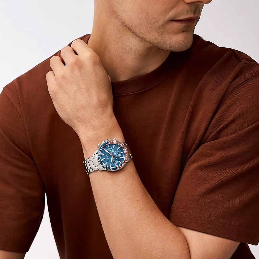 Fossil Мужские многофункциональные кварцевые часы Bannon - Три дополнительных циферблата, Синий циферблат и Ремешок из серебристой нержавеющей стали BQ2842