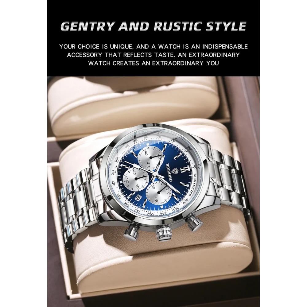 BINBOND Top Brand Luxury Man Watches Waterproof Luminous Date Chronograph Men's Quartz Watch Stainless Steel Sports Watch