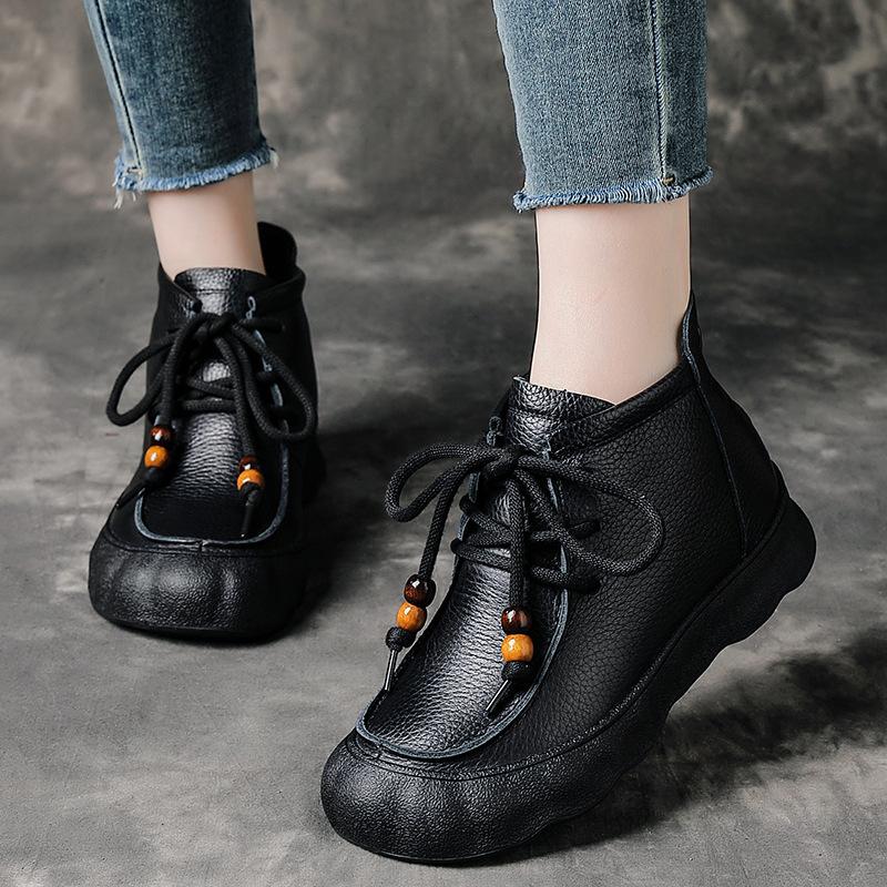 Winter new thick-soled leather short boots women's retro muffin bottom Martin boots wide fat feet boots single boots
