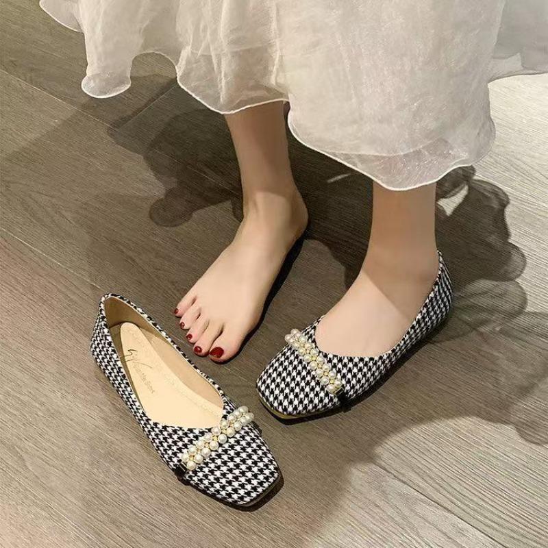 Single Shoes Women's Spring New Pearl Pointed Head Shallow Mouth Flats Fashion Thousand Bird Grid Mary Jane Shoes