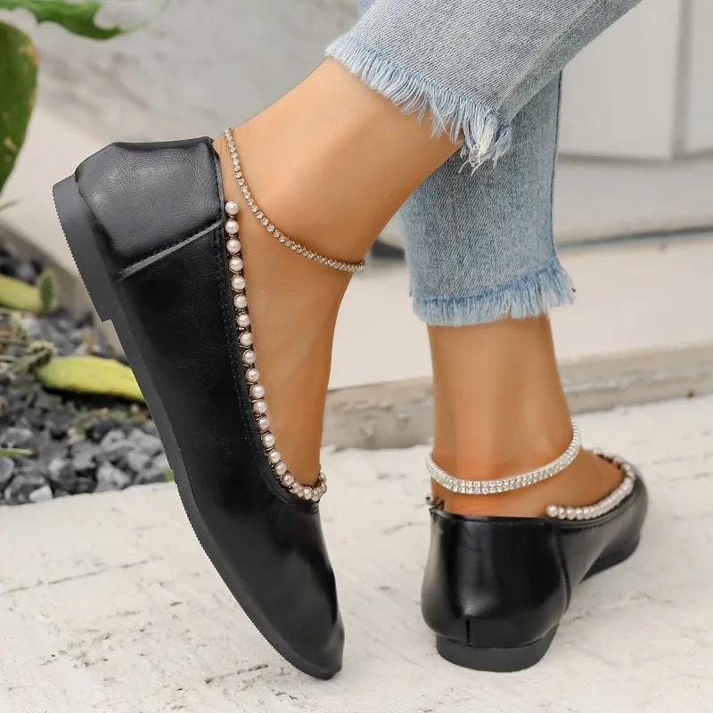 Горячая Распродажа, модные женские туфли с бисером и острым носком, неглубокие балетки, дышащие женские мокасины, повседневные, универсальные, удобные, большого размера