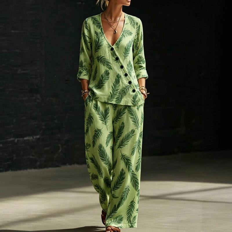 New plant branch and leaf print V-neck diagonal shirt wide-leg pants women's casual two-piece set