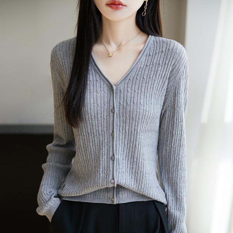 2025 Весна/Лето Женский Шерстяной Шелковый Кардиган Свободной Трикотажи с Длинным Рукавом и V-образным Вырезом