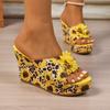 Women’s Floral T-Strap Wedge Sandals, Thick Sole, Summer Casual Slip-Ons, Wide Size