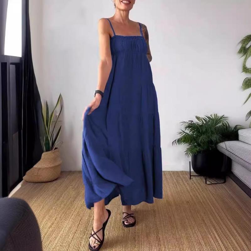 Весна-лето, однотонное повседневное платье с плиссировкой и подтяжками на груди для женщин