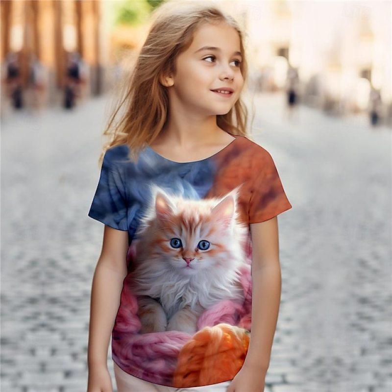 Футболки для девочек с 3D-принтом Cat, розовые, с коротким рукавом, 3D-принт, летняя, активная, модная, симпатичная, из полиэстера, для детей от 3 до 12 лет, с круглым вырезом, для активного отдыха, повседневная
