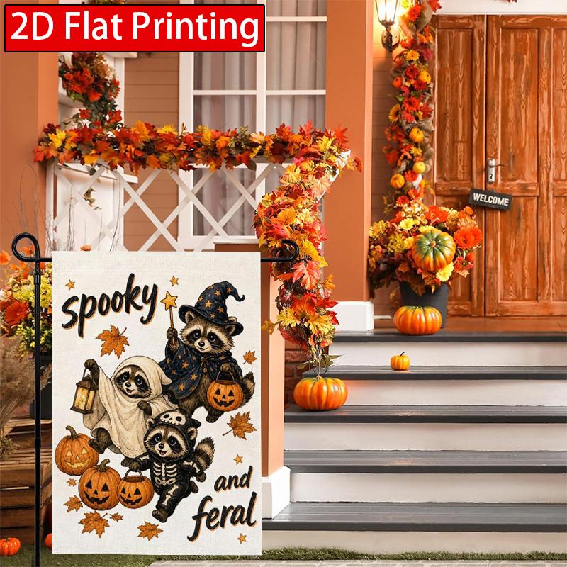 2D Flat, 2D Flat Three Raccoons, Pumpkins, Maple Leaves, Halloween Garden Flag Dress Up- Outdoor Garden Flag Double-sided Home Decoration Courtyard De