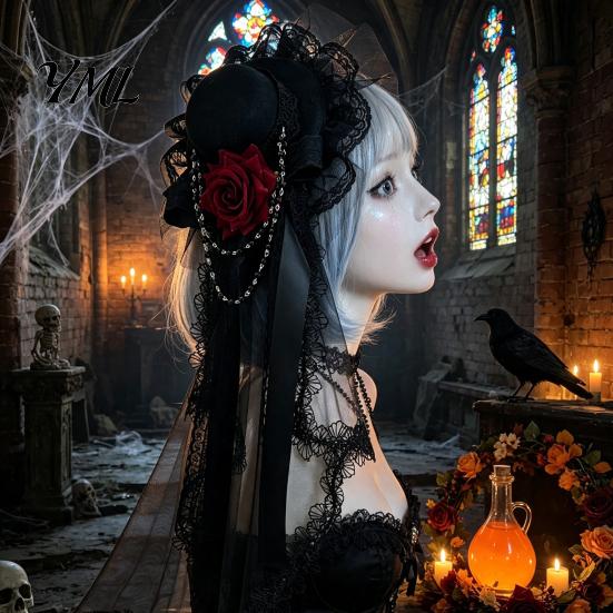 Vintage Headdress Gothic Halloween with Rose And Chain Decoration, Mini Bowler Hat, Cosplay Party Accessory Retro Small Top Hat Hair Clip for