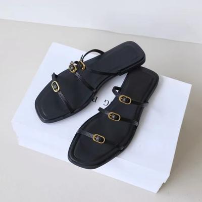 Шлепанцы с квадратным носком и плоской подошвой женские летние новые для улицы с ремешком и пряжкой сандалии на один педаль для отдыха путешествий отпуска