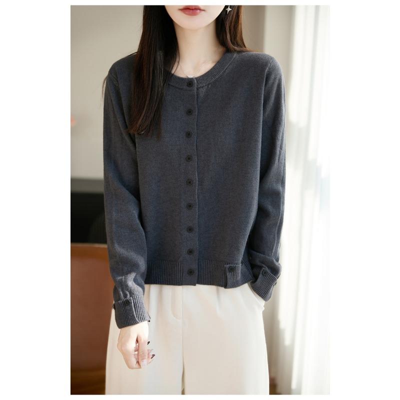 Women S Cotton Knit Cardigan Round Neck Long Sleeve Loose Fit Sweater